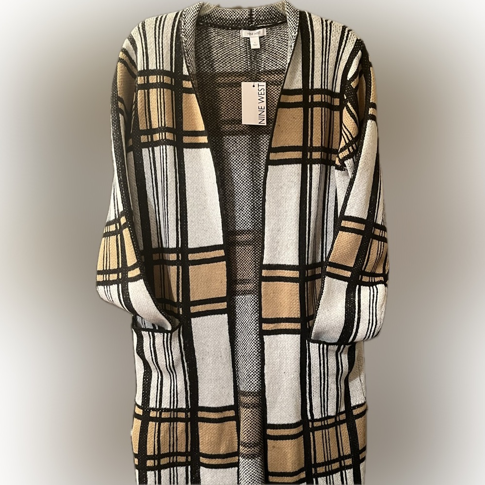 NWT Nine West Checkered Window Pattern Knit Long Sweater sz small